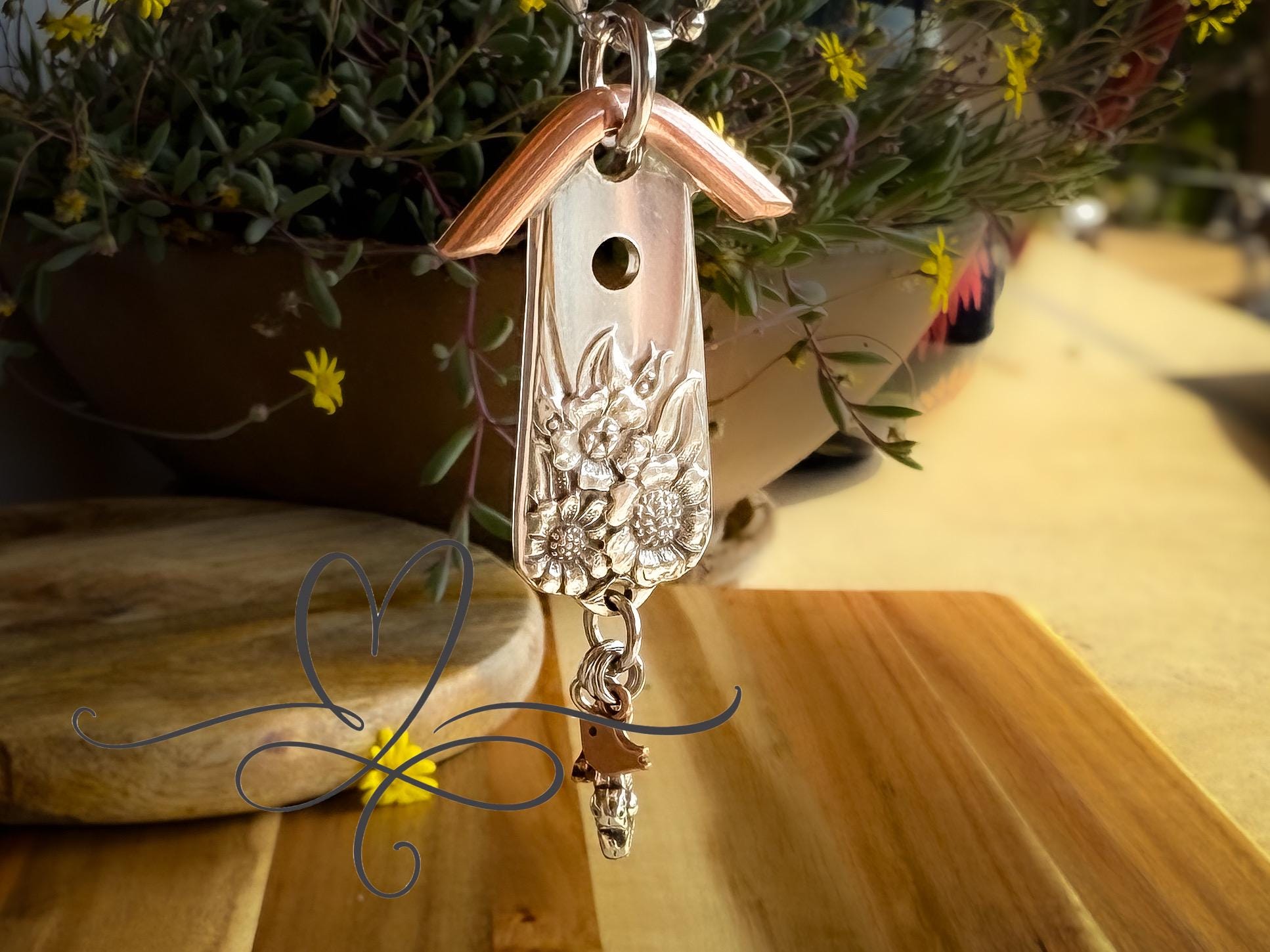 The 1950’s Little “April” Birdhouse Necklace or Purse Charm • Made From Authentic Silver-Plated, Vintage Silverware