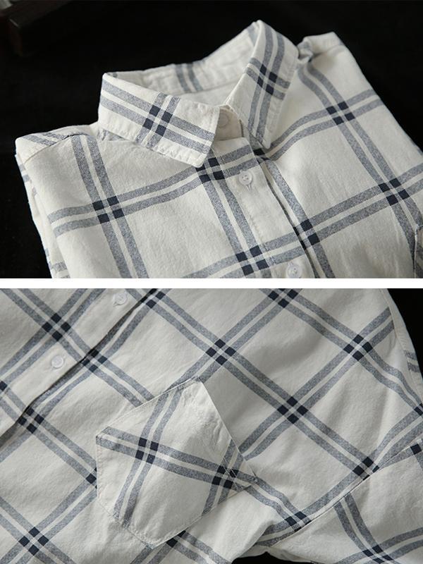 Hilary Lapel Polo Collar Vintage Matching Plaid Print Single-breasted Baggy Cotton Shirt