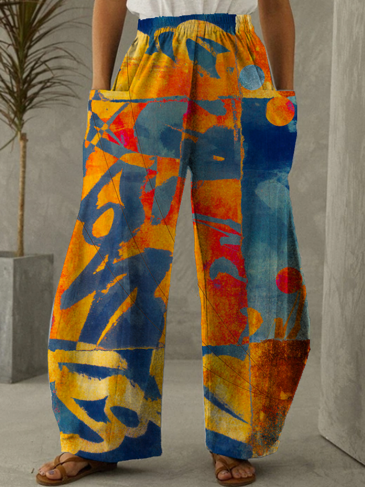 Women Cotton Abstract Oil Painting Printed Elastic Waist Pants