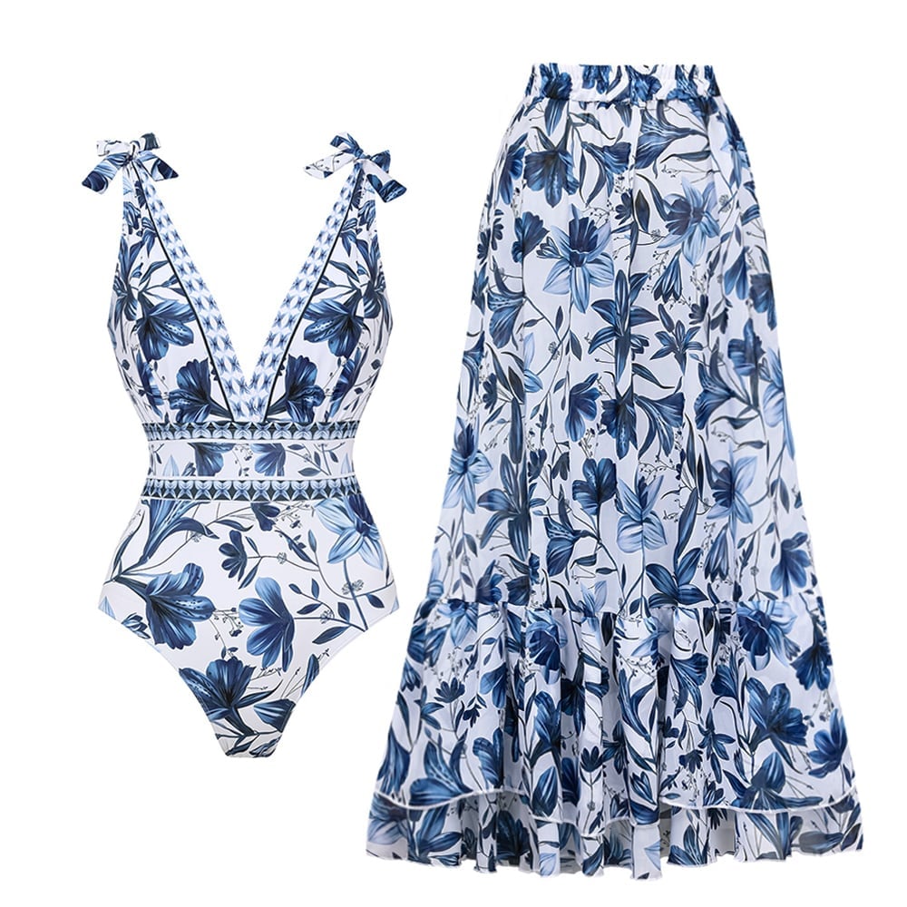 🎁TikTok Spring Last Day Promotion 48% OFF-🎁-V Neck Ruffle Lace Up Printed One Piece Swimsuit and Skirt