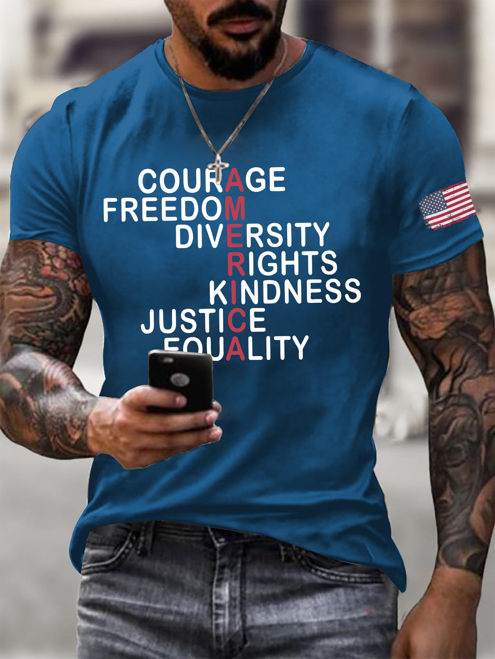 Men's Retro America Courage Freedom Diversity Rights Kindness Justice Equality Print T-Shirt