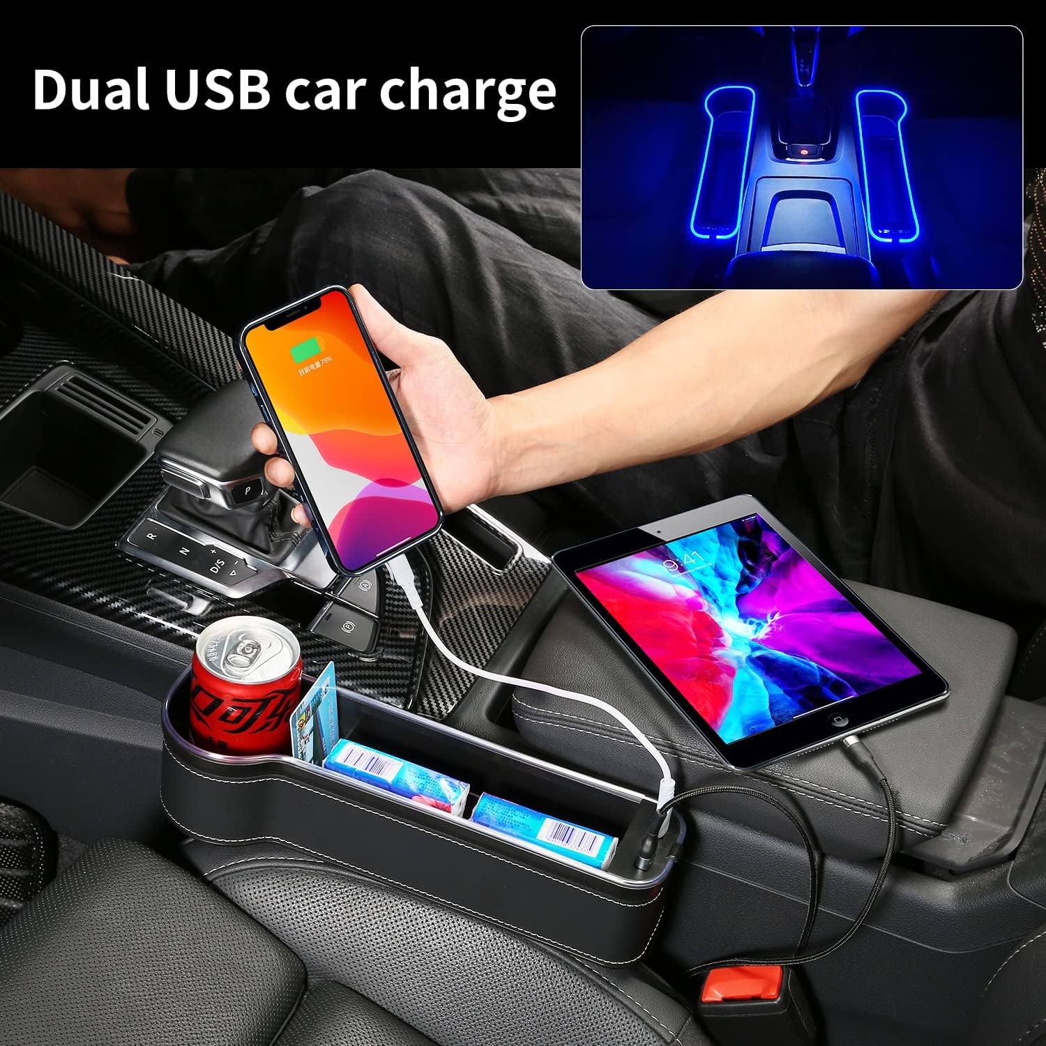 Car Seat Gap Luminous Storage Box with USB Port