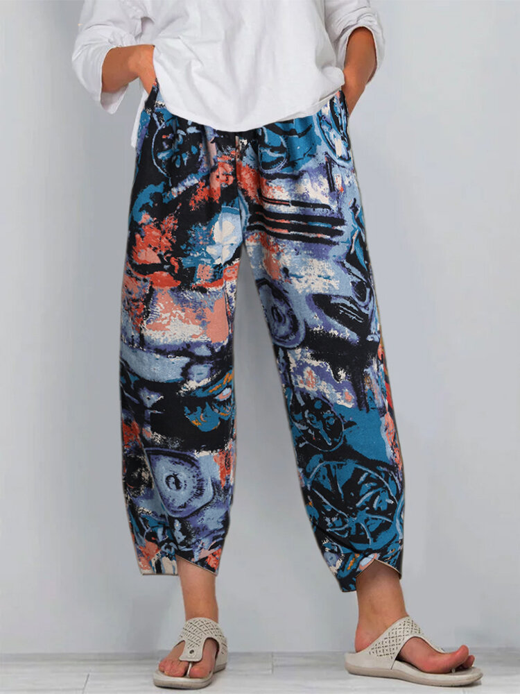 Women Irregular Rendering Printed Pocket Pants