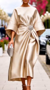 Women's Round Neck Satin Pleated Elegant Dress