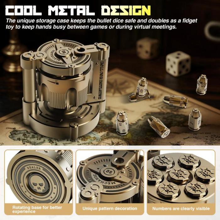 🔥Golden Metal Polyhedral Dice Set Toy of 7 with Spinning, Wheel Cylinder Container Metal Dice Set for DND,Cyberpunk Style Dice,Warhammer 40K,Sci-Fi,Adventure,or Mystery Theme Tabletop Games