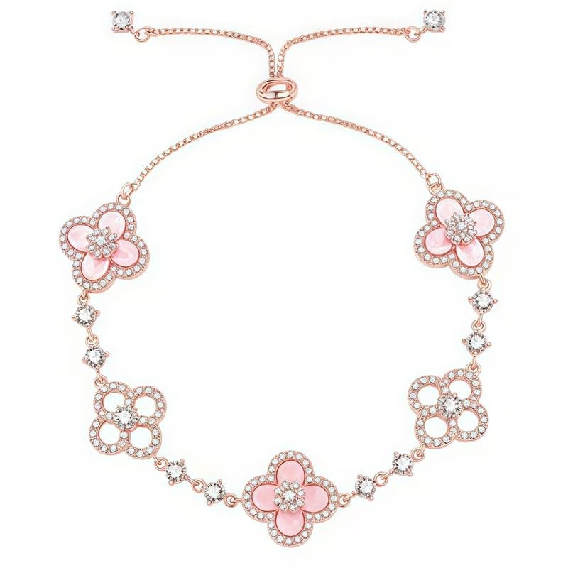 Lucky Clover Adjustable Bracelet - Sparkling Crystal & Zircon Floral Links