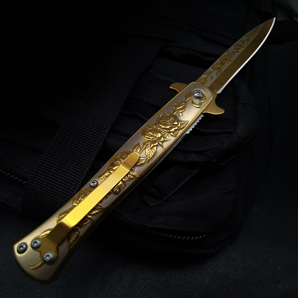 ⏰FREE SHIPPING NOW🔥🌹Vintage Luxury Gold Rose Design Spring Assisted Open EDC Blade Folding Survival Pocket Knife