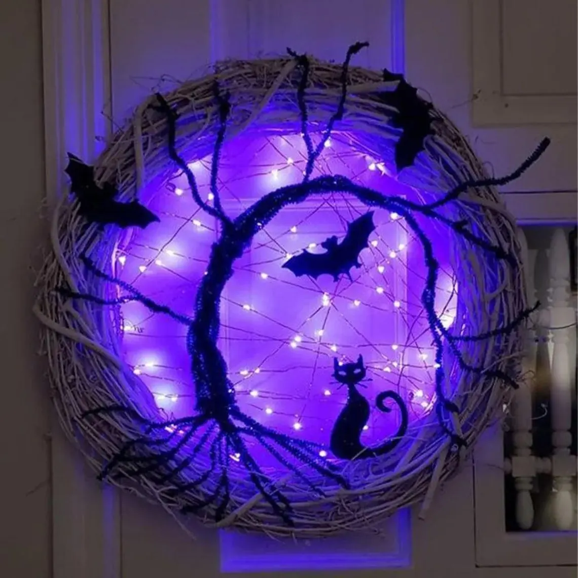 🦇 Black Bat Cat Spooky Party Wreath with Purple Glowing Lights