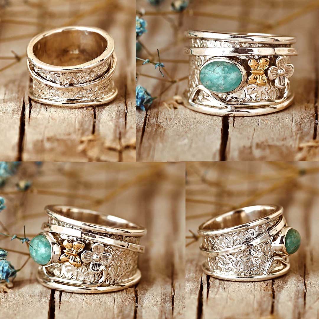 <strong>Handmade</strong> Turquoise Butterfly and Flower Ring - Mother Earth