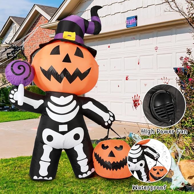 🔥Last Day Promotion - 60% OFF🎁6 FT Outdoor Halloween Inflatables Pumpkin with Skull Body & LED Lights