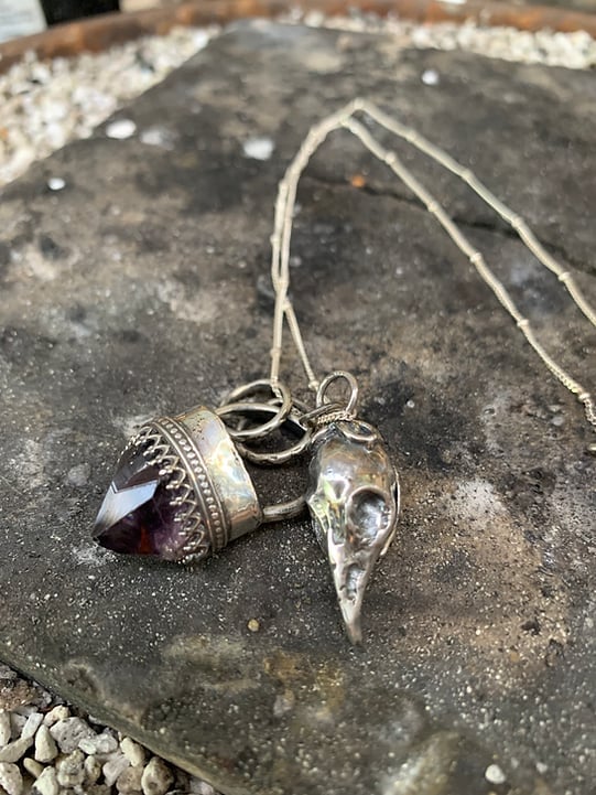 🩸Amethyst and crow skull locket talisman