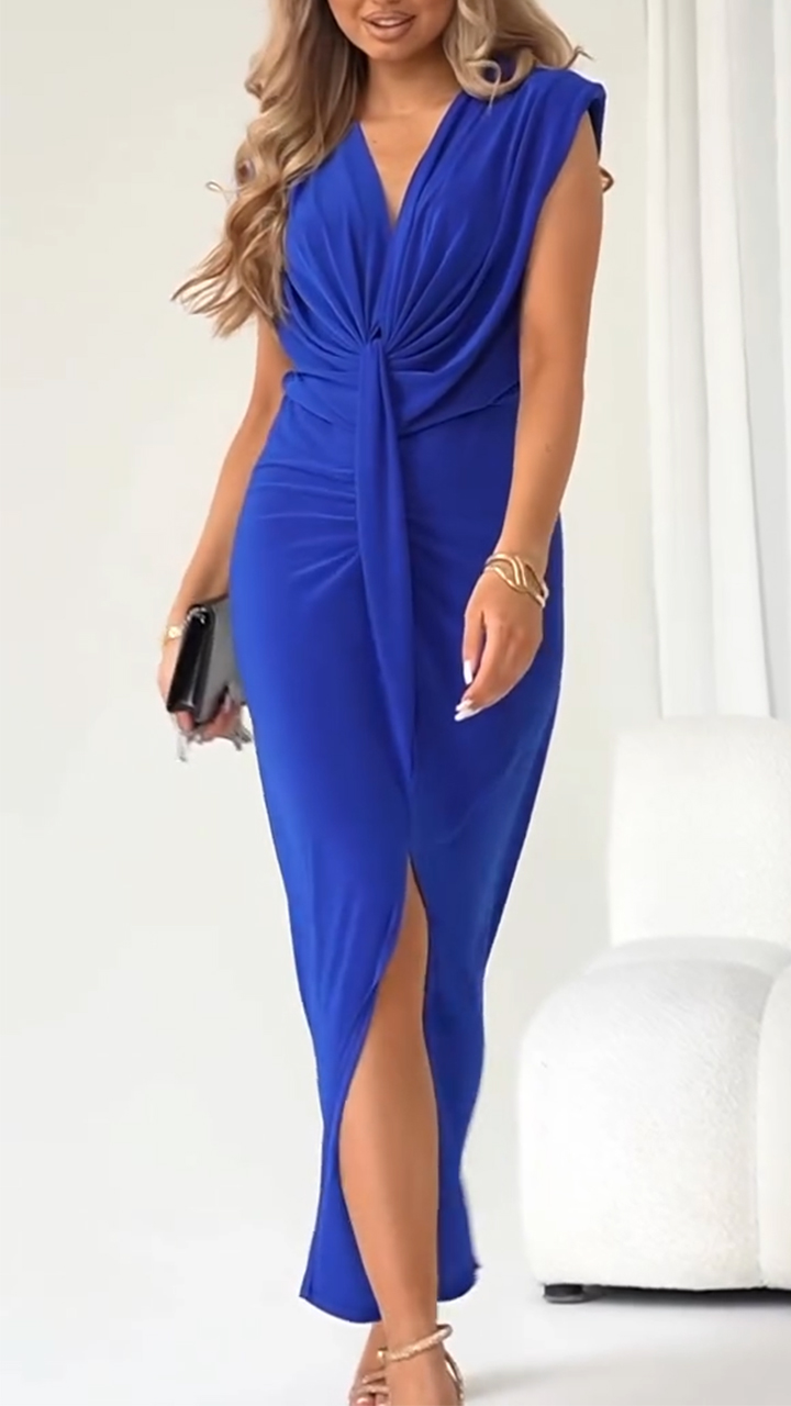 Women's V-neck Twisted Slit Pleated Temperament Dress