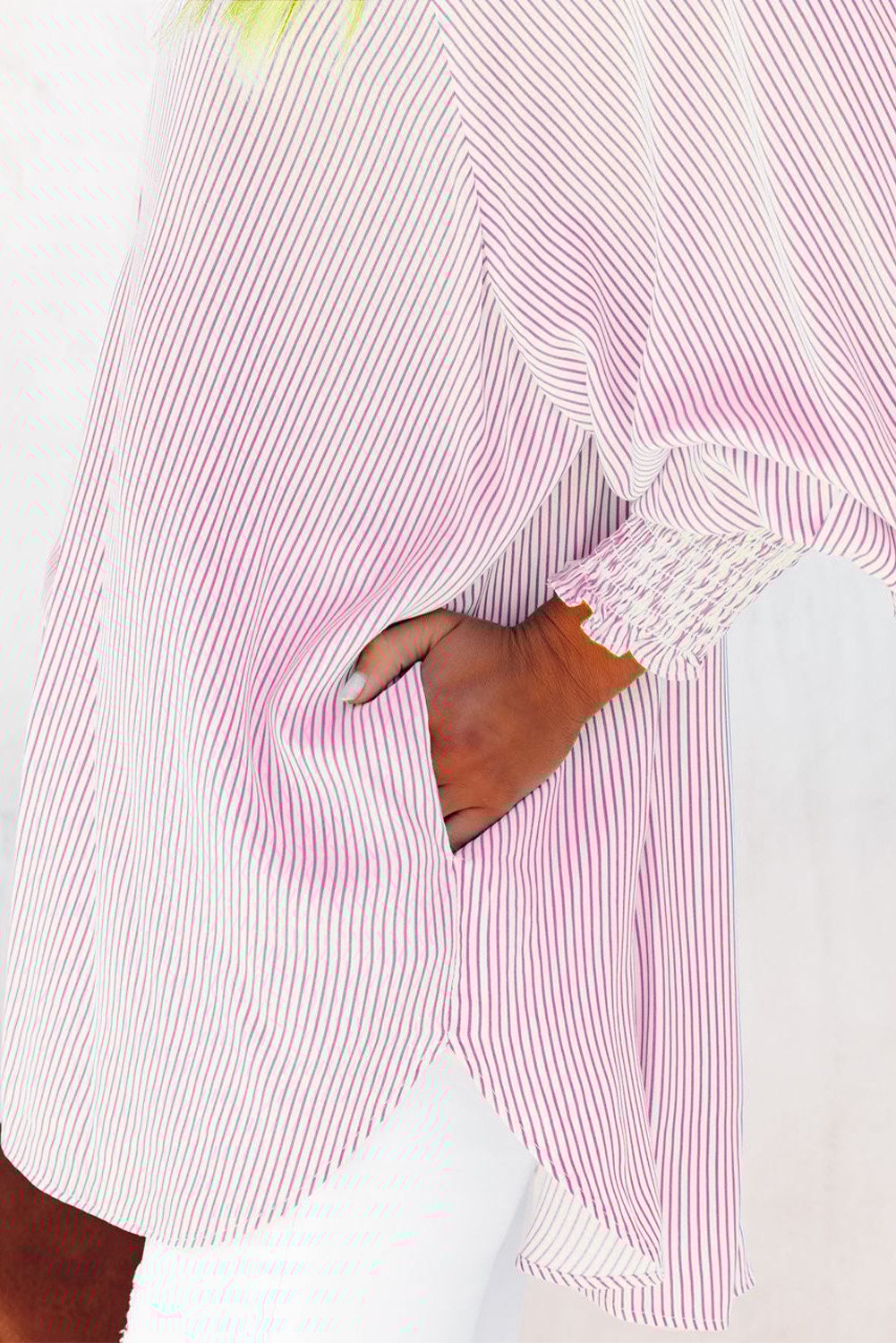 💥LAST DAY SALE 50% OFF💥Mid-Length Smocked Shirt With Striped Lapel And Oversized Drawdown Sleeves