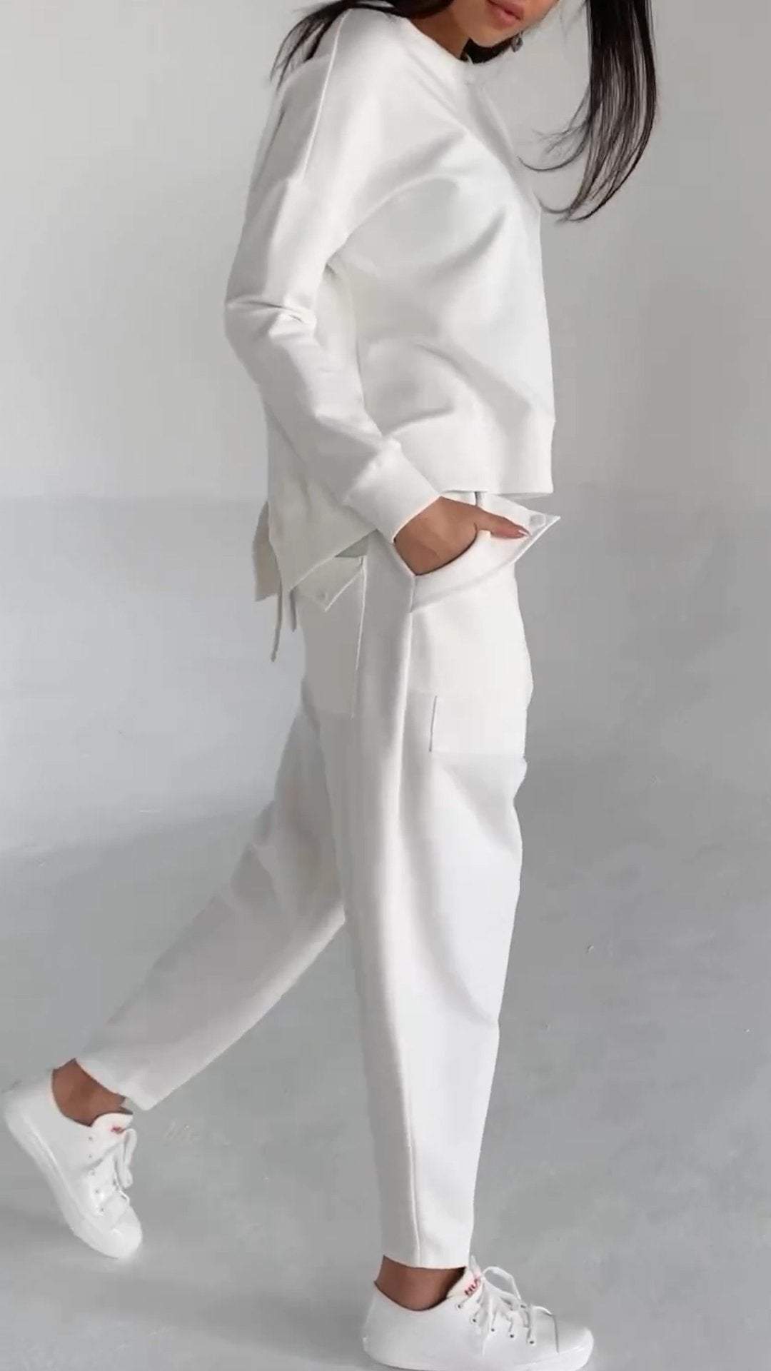 Women Fashion Casual Round Neck Long Sleeve Two Piece Suit