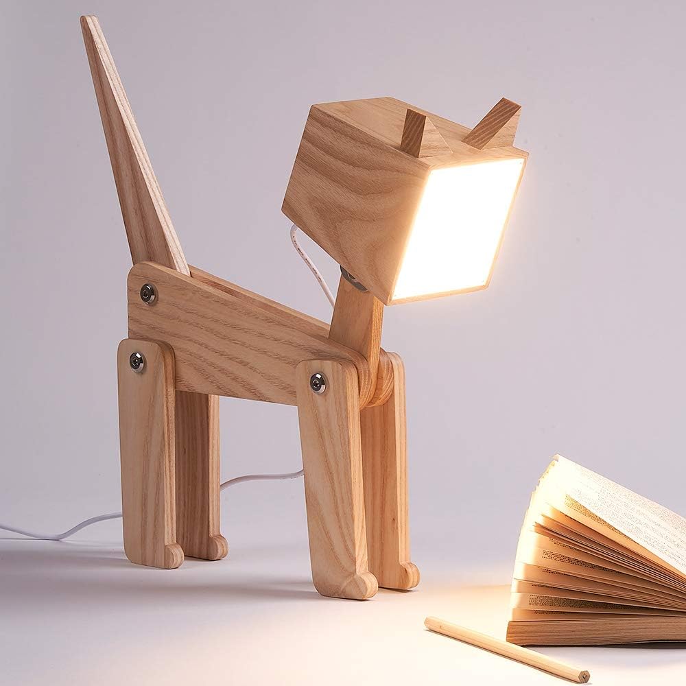 Unique Bedside Table Lamp Cat Adjustable Body Fun Wooden Desk Lamp with Dimmable Touch Switch Warm White Light Gift for Kids Room, Living Room, Boy's Girl's Bedroom, College Dorm, Bookcase