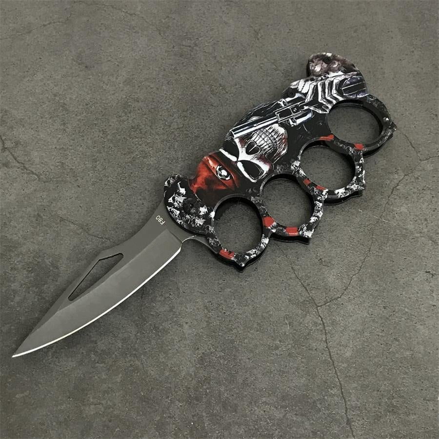 Motifs Knuckle Duster Wooden Handle Folding Knife Defense EDC