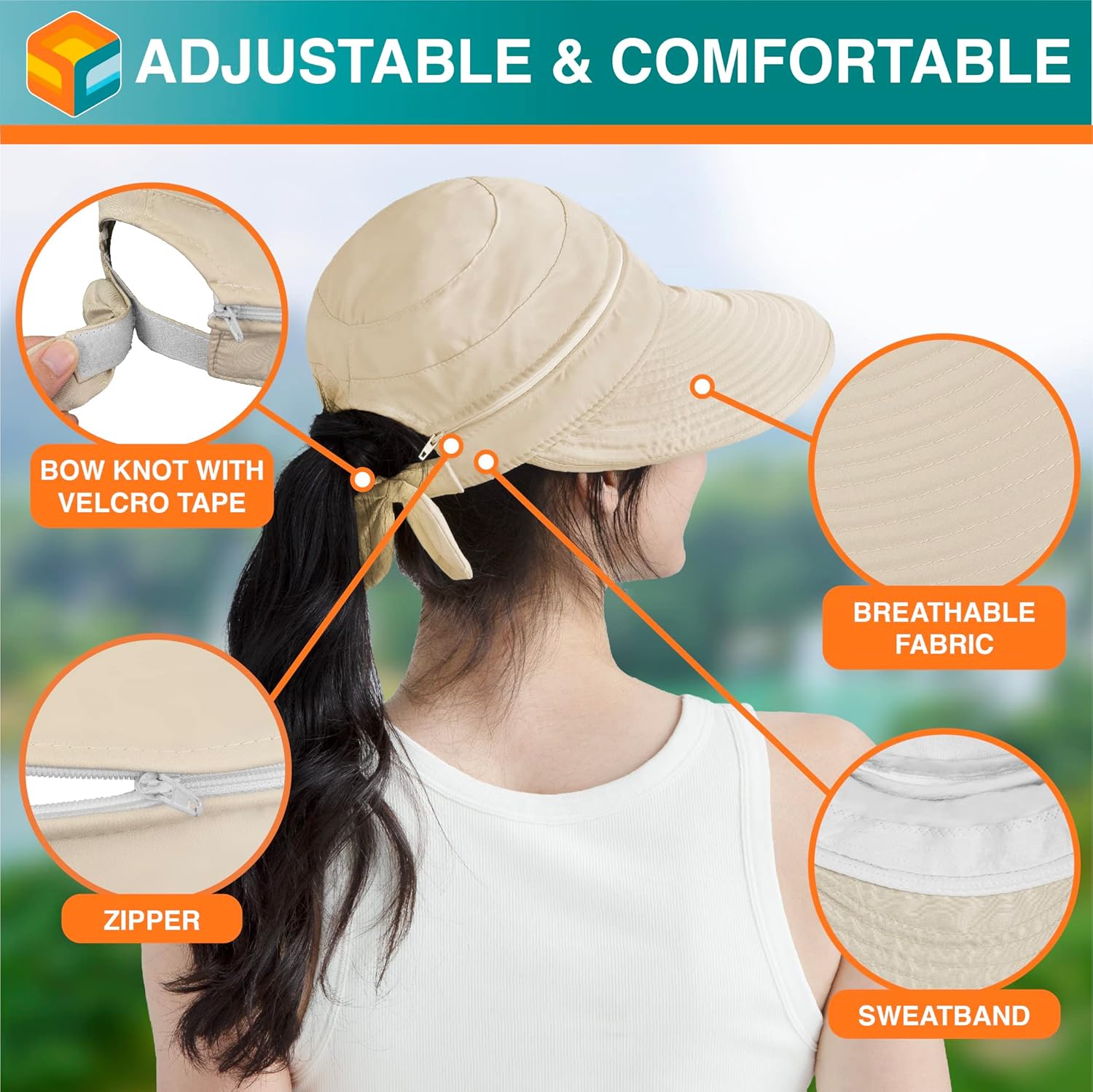 SUN CUBE Women Sun Hat for Outdoor UV Protection, Wide Brim Sun Hat Ponytail, Convertible Zip-Off Beach Hat Visor