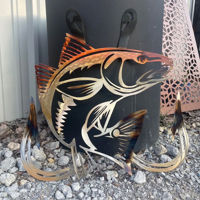 🔥Metal Bass Fish with Hooks Plasma Cut Sign Art