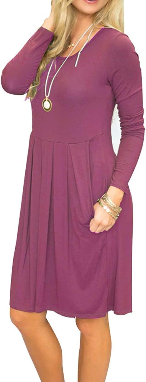 AUSELILY Women's Long Sleeve Pleated Loose Swing Casual Dress with Pockets Knee Length