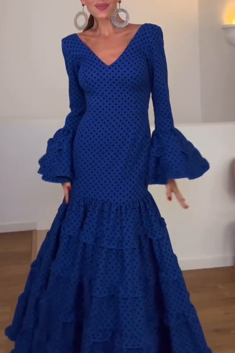 Women's V-neck Trumpet Sleeve Multi-layer Fishtail Temperament Dress