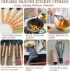 Umite Chef Kitchen Cooking Utensils Set, 33 pcs Non-Stick Silicone Cooking Kitchen Utensils Spatula Set with Holder, Wooden Handle Silicone Kitchen Gadgets Utensil Set (Khaki)