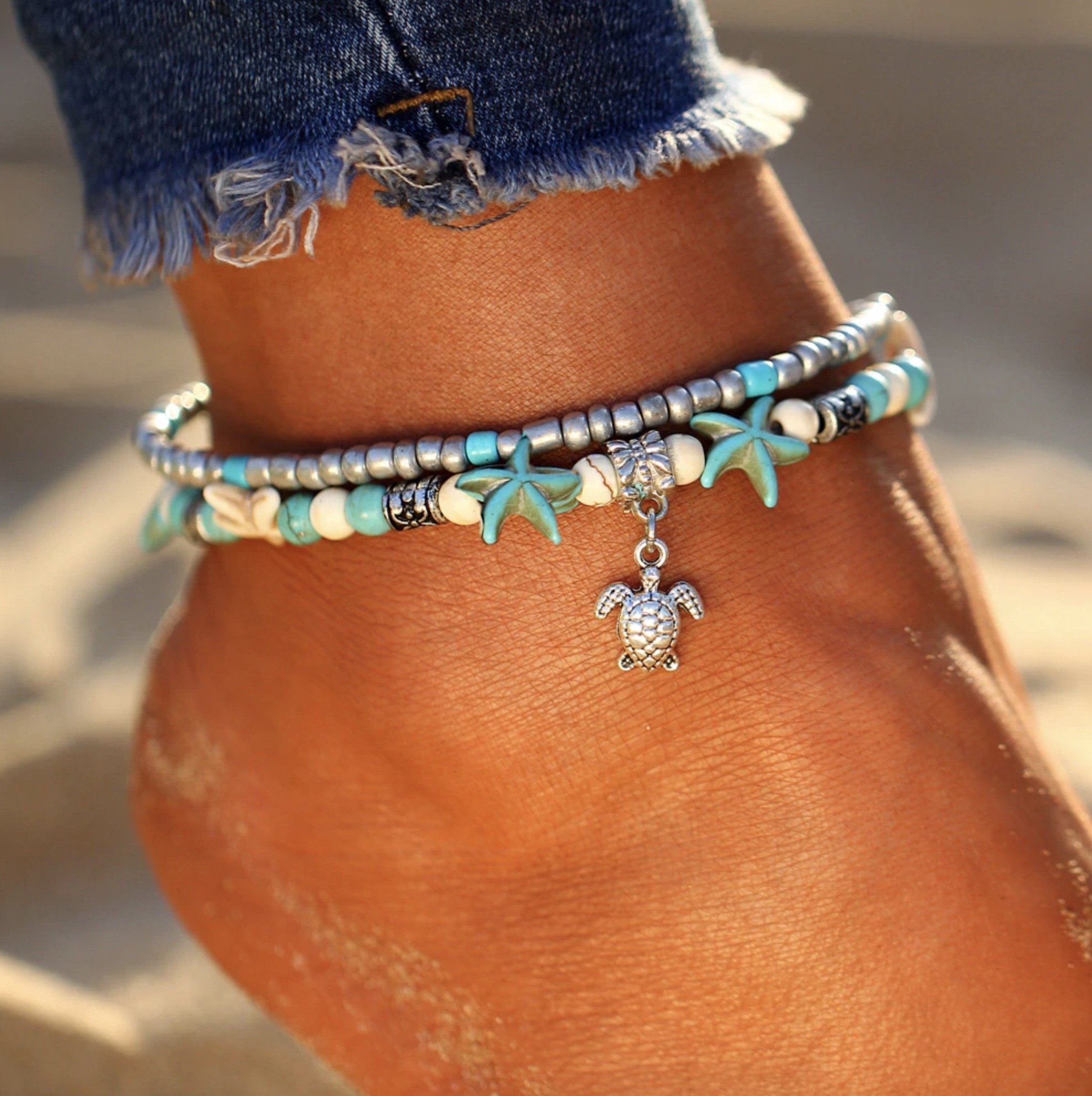 Beachy Sea Star & Turtle Anklet