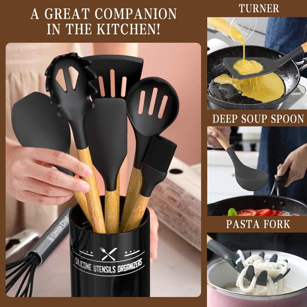 Umite Chef Kitchen Cooking Utensils Set, 33 pcs Non-Stick Silicone Cooking Kitchen Utensils Spatula Set with Holder, Wooden Handle Silicone Kitchen Gadgets Utensil Set (Khaki)