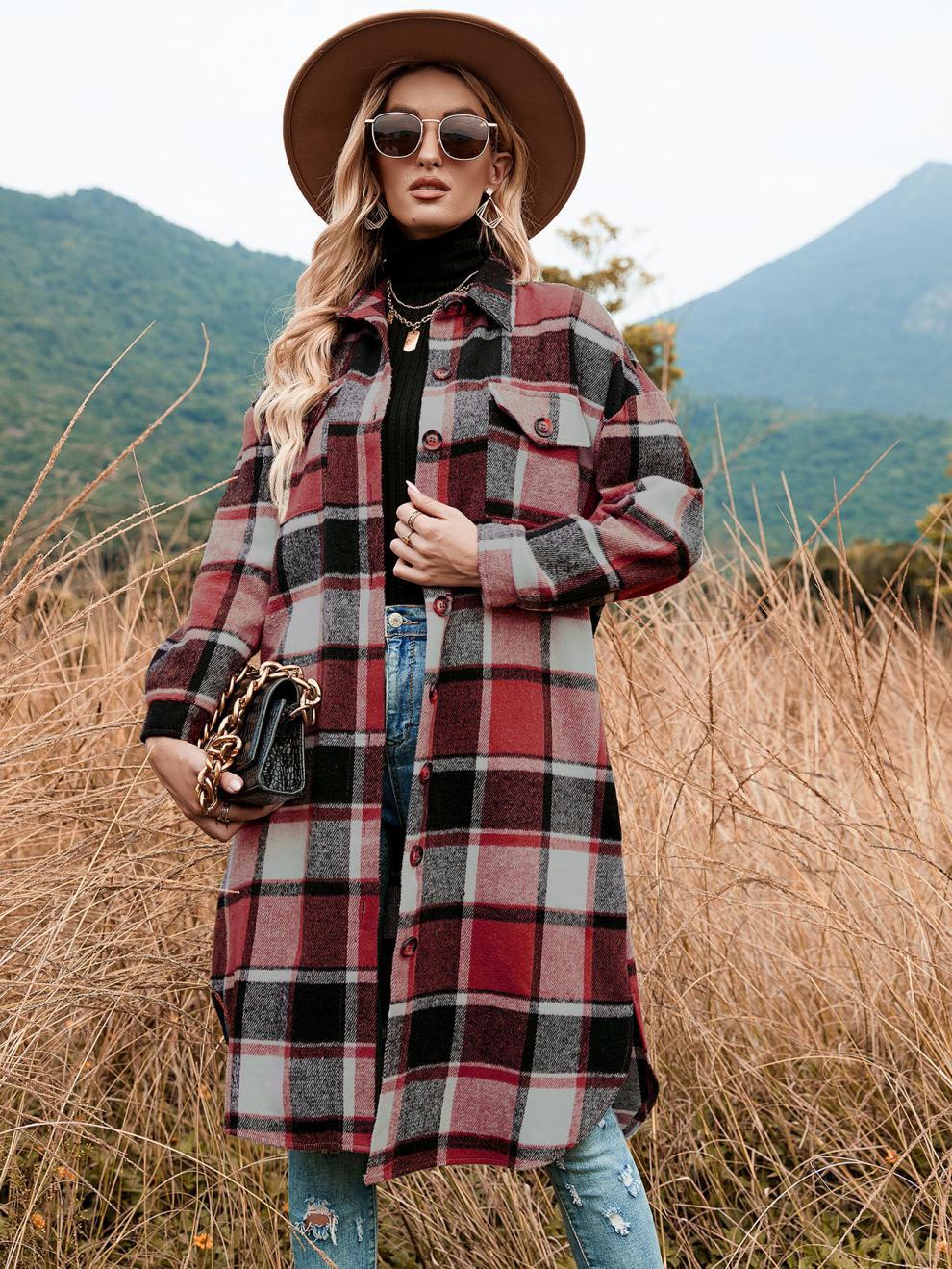 🔥 Last Day Promotion 50% OFF 🔥Women's Plaid Print Button Front Split Long Sleeve Warm Coat