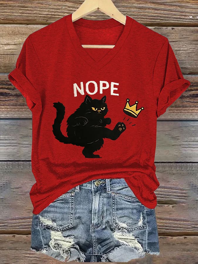 V-Neck Retro No Kings In America Cat Crown Nope Print T-Shirt