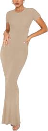 REORIA Women's Basic Summer Casual Lounge Long Dress Elegant Short Sleeve Crew Neck Bodycon Maxi Dresses