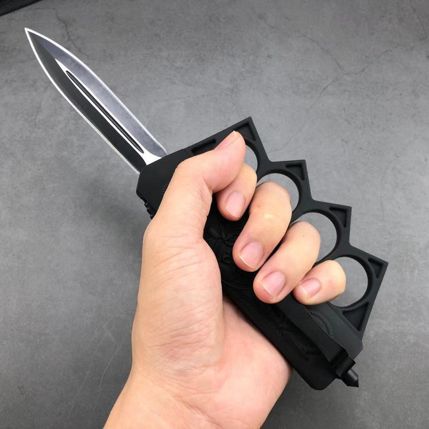 Motifs Knuckle Duster Wooden Handle Folding Knife Defense EDC