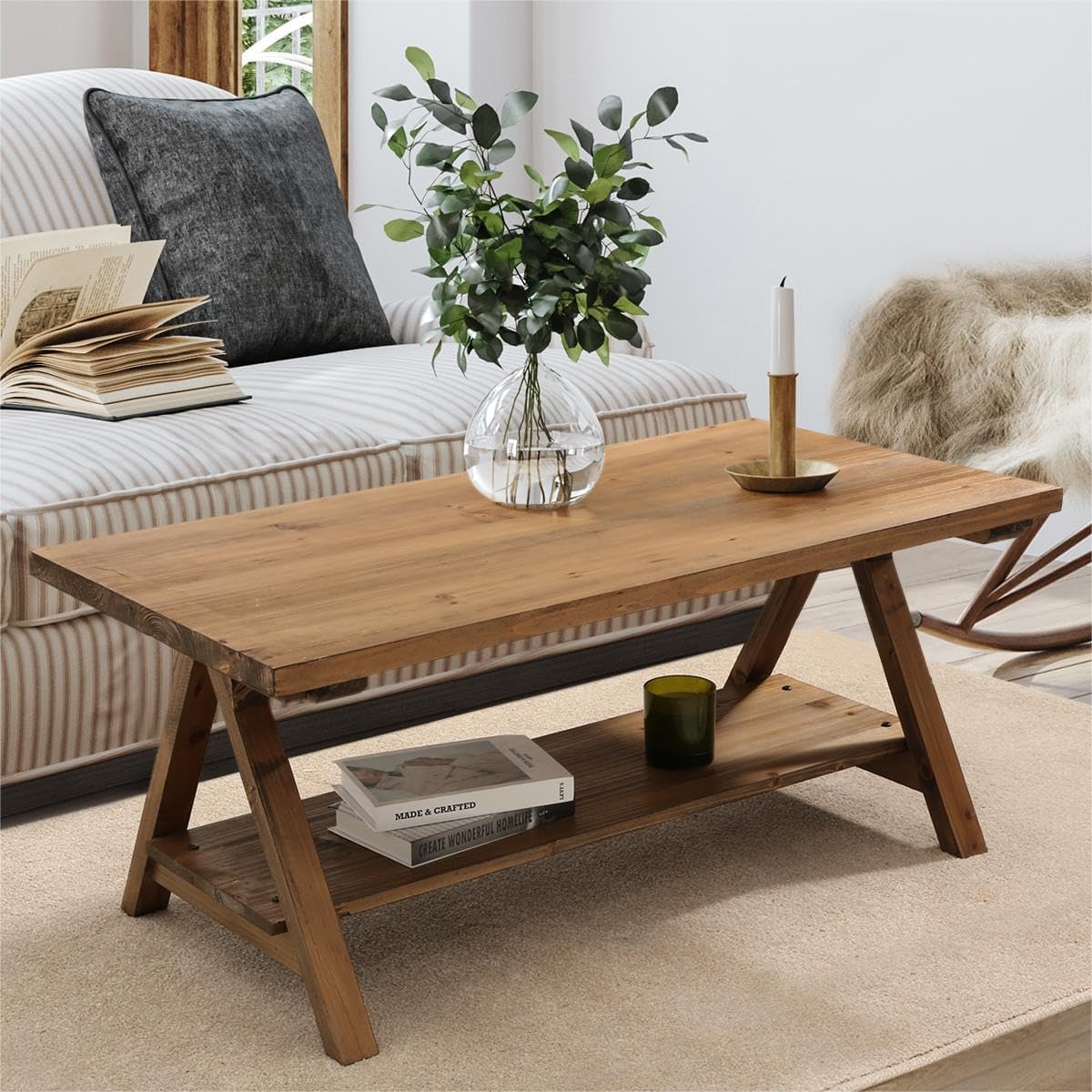 Solid Wood Coffee Table - 42.5” Firwood Farmhouse Rustic Wooden Coffee Tables for Living Room, Solid Firwood Rectangle Coffee Table, Center Table for Living Room, Brown