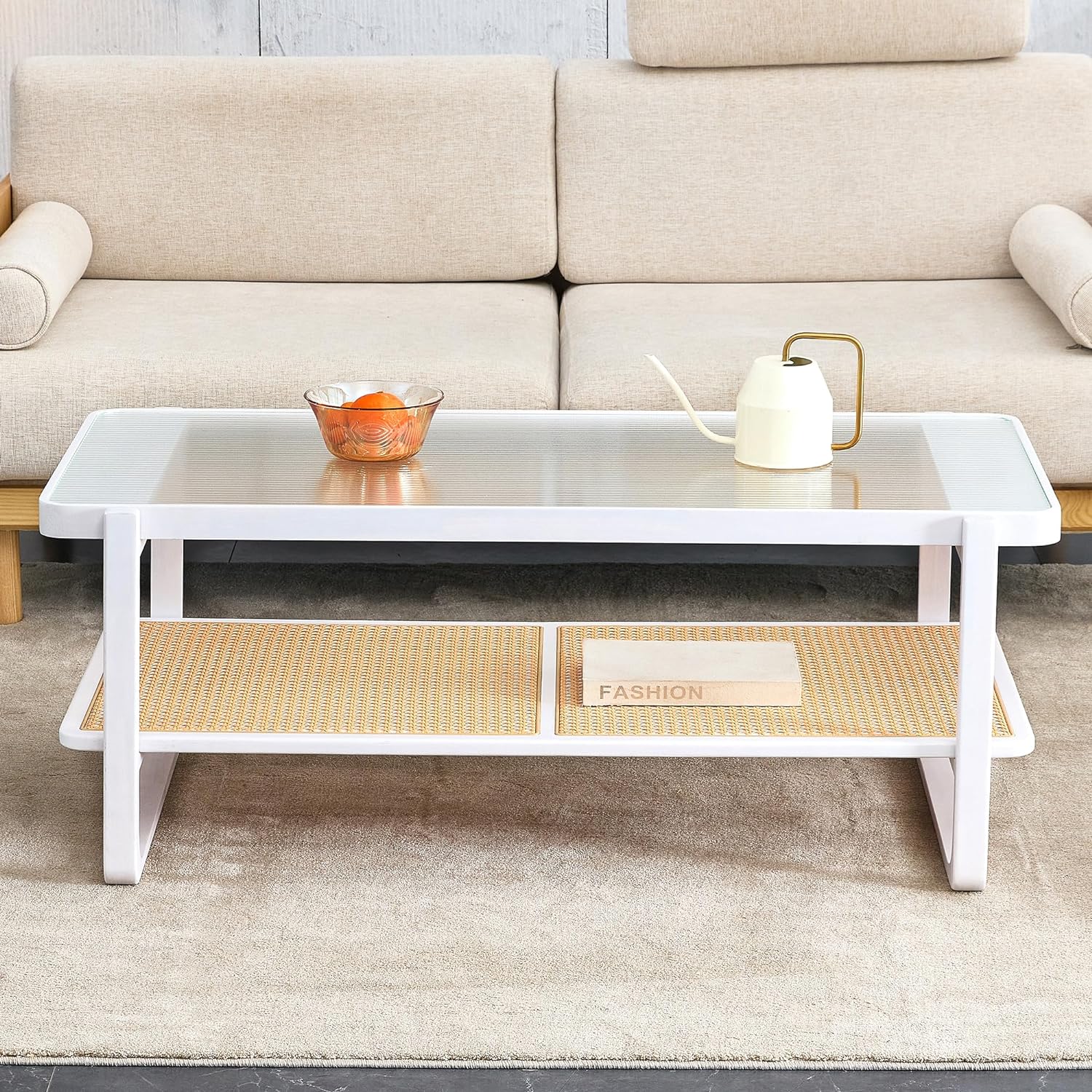 Mid Century Modern Coffee Table with Storage, 41.3 Inch Rectangle Wooden Accent Center Tables with Sliding PE Rattan Woven Door Panel and Solid Wood Legs, Suitable for Living Room, Apartment