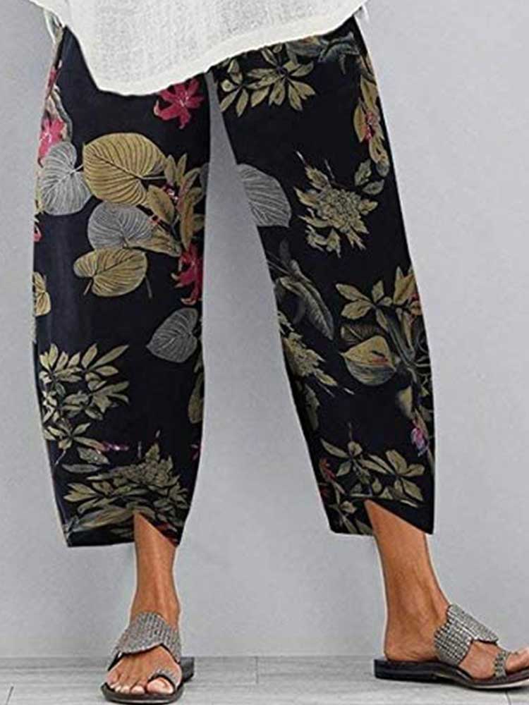 Women Retro Printed Leaf Casua Irregular Pants