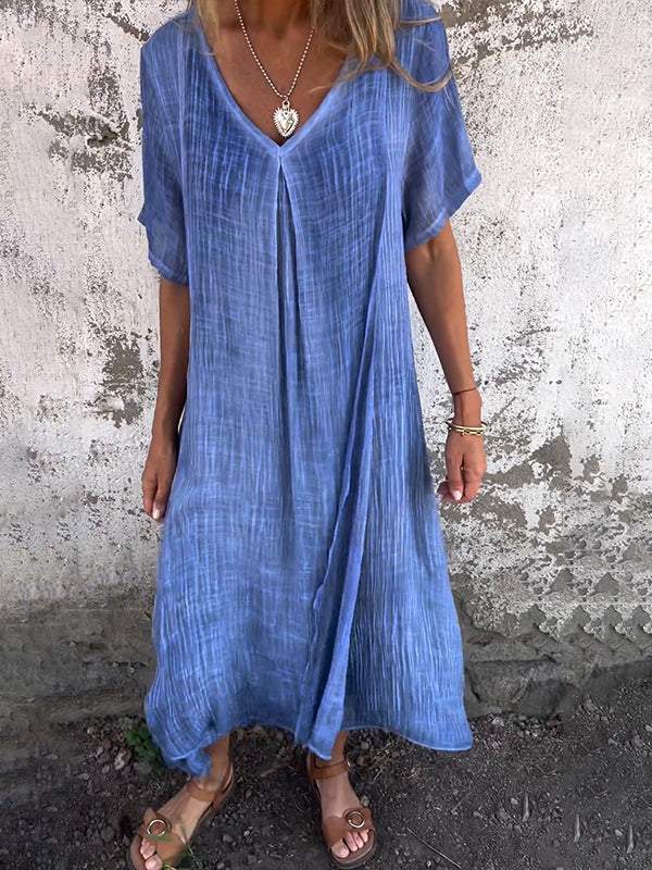 Women Cotton and Linen V-neck Midi Dress