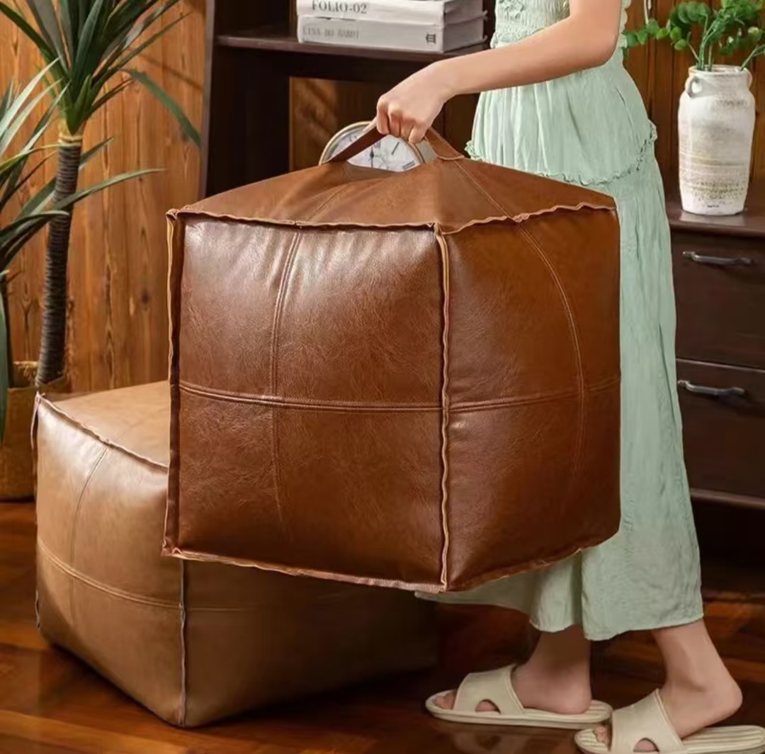 Self-Fillable Faux Leather Pouf Cover