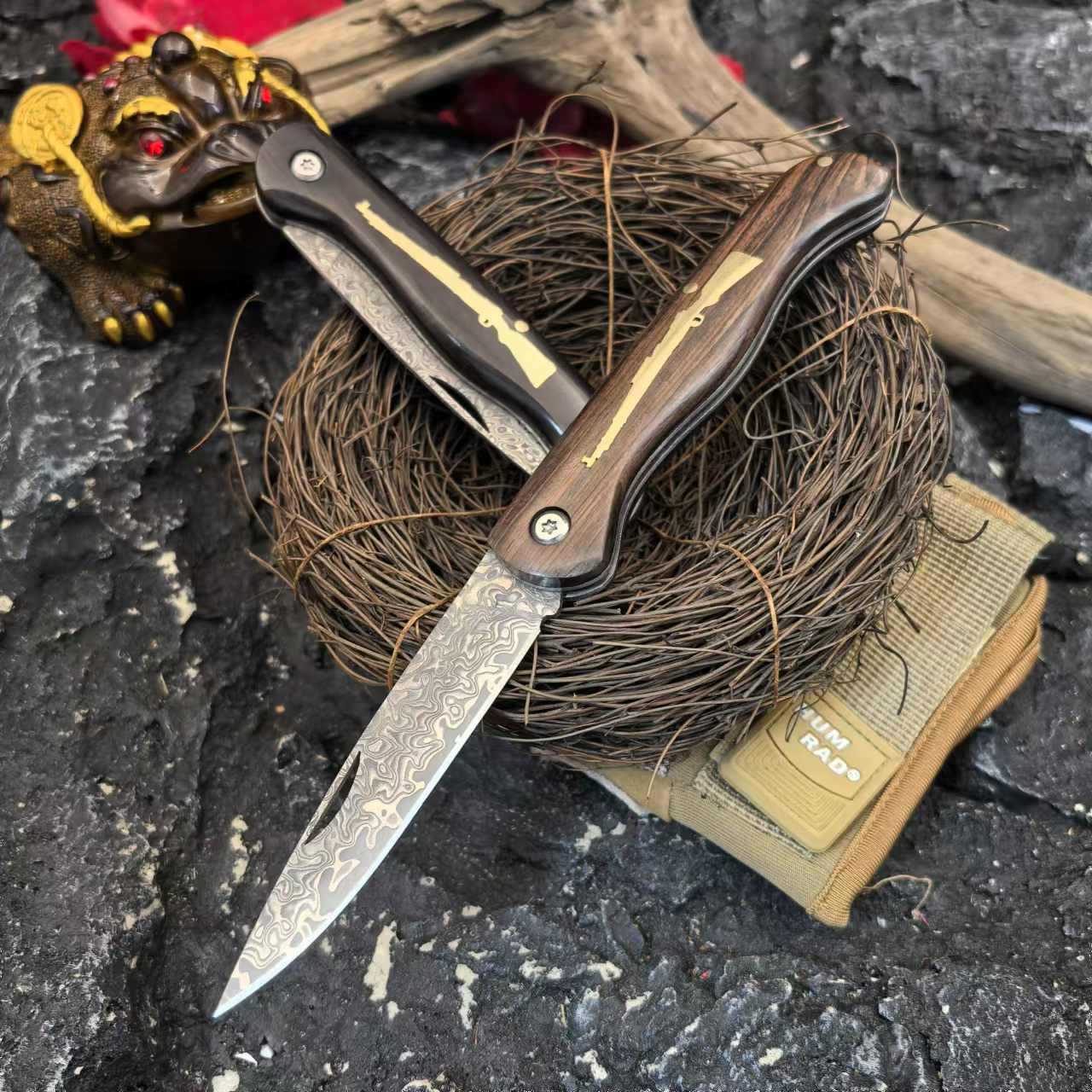 Exquisite Handcrafted Stainless Steel Pocket Knife with Wooden Handle and Damascus Blade