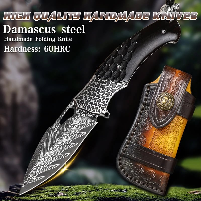 Damascus EDC Folding Knife with Sheath | Handmade Outdoor Hunting Tool