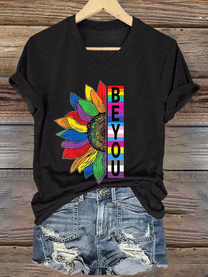 Women's Rainbow Be Yourself V-Neck Print T-Shirt Top