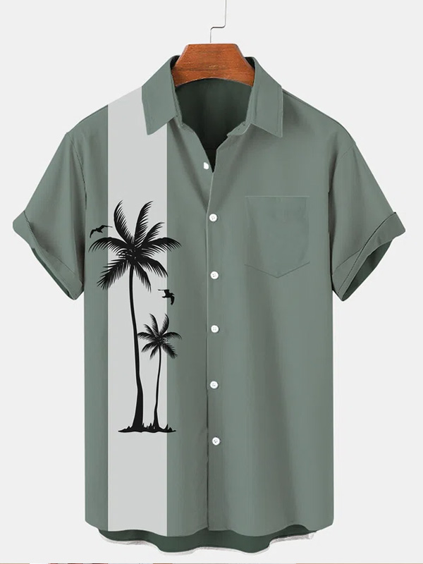 Mens Beach Print Casual Breathable Hawaiian Short Sleeve Shirt