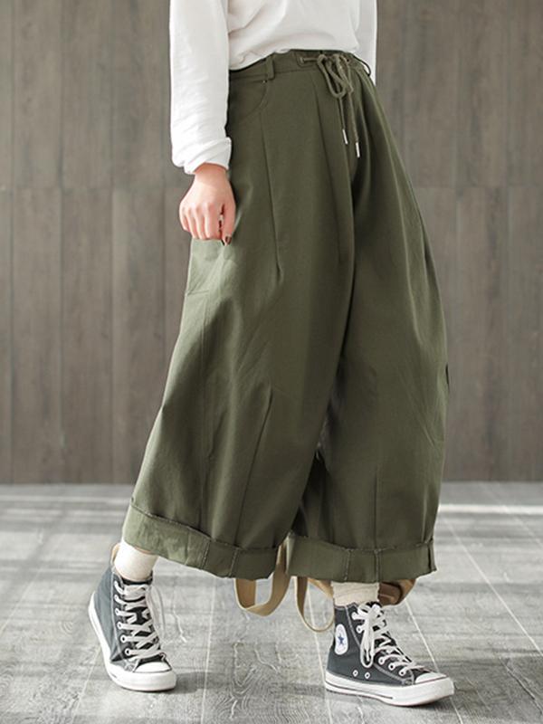 Odessa Vintage Loose Belted Ruffle Cotton Wide Leg Pants with Turnover Hems