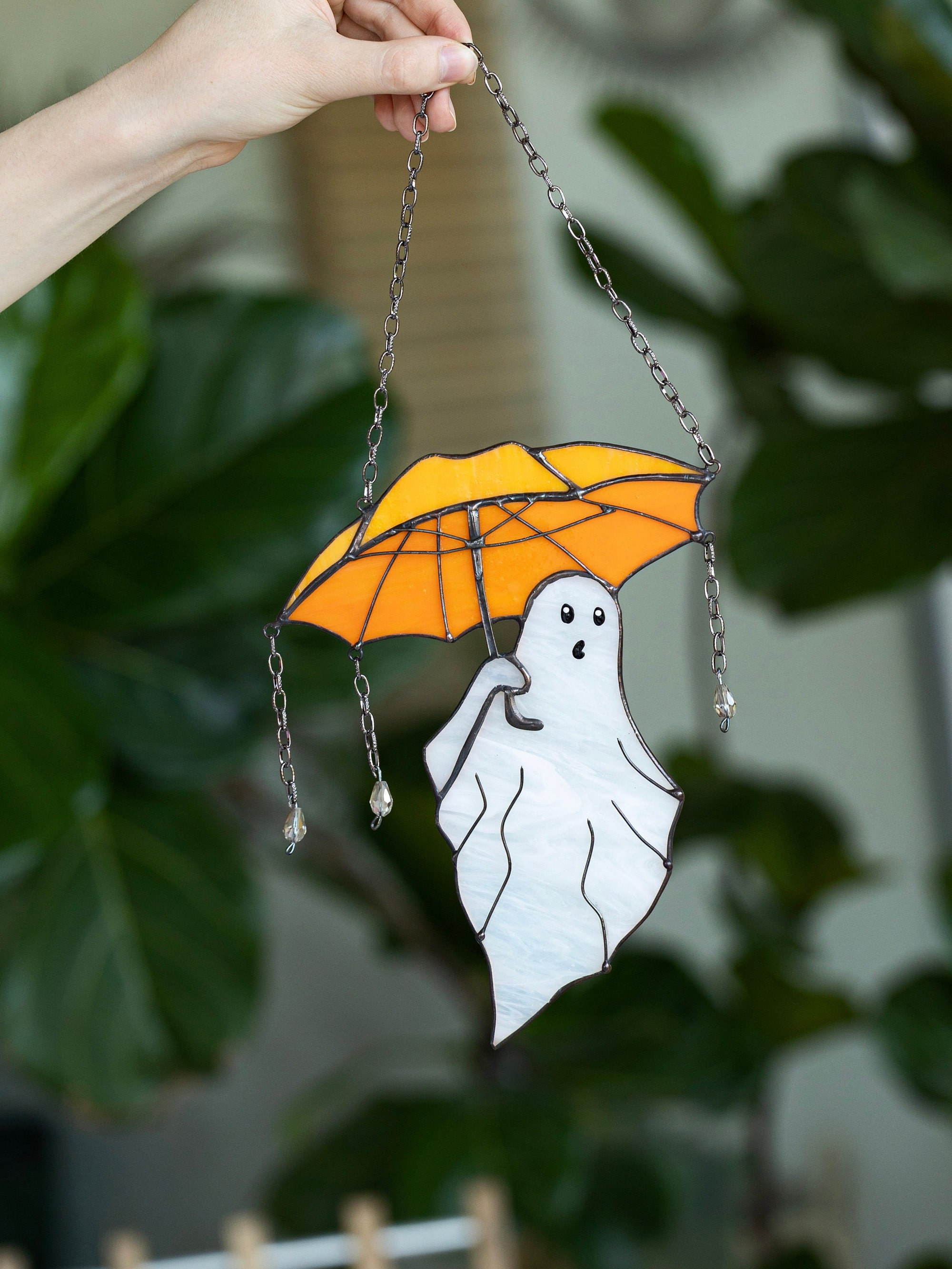 (Last Day Promotion - 70% OFF) Mystical Funny Ghost with Umbrella Stained Glass Suncather