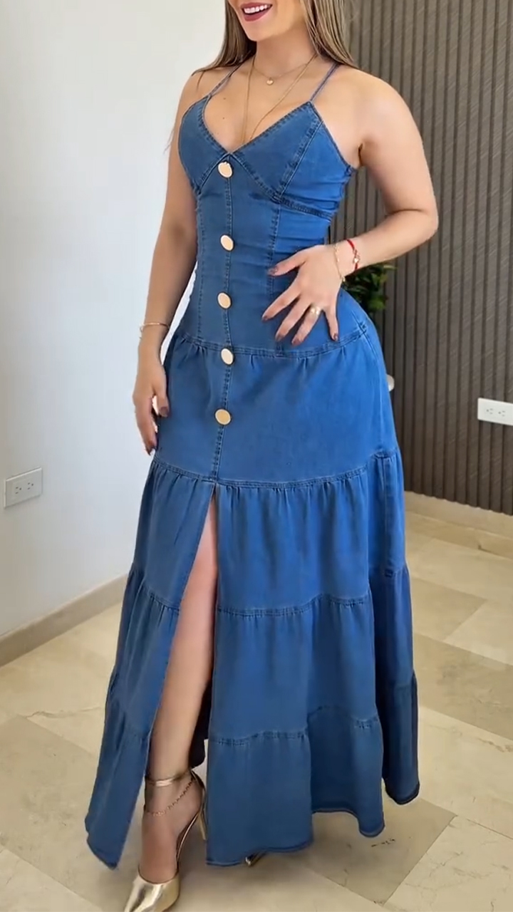 Women's Suspender Button Split Stitching Elegant Denim Dress