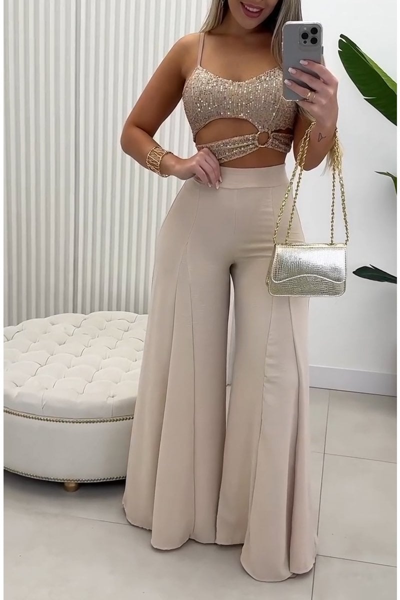 Women's Sexy Sequined Hollow Irregular Tank Top & Casual Wide Leg Pants
