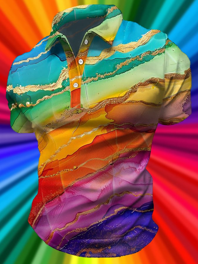Men's Pride Month Rainbow Marble Print Knitted Pullover Polo Shirt Top