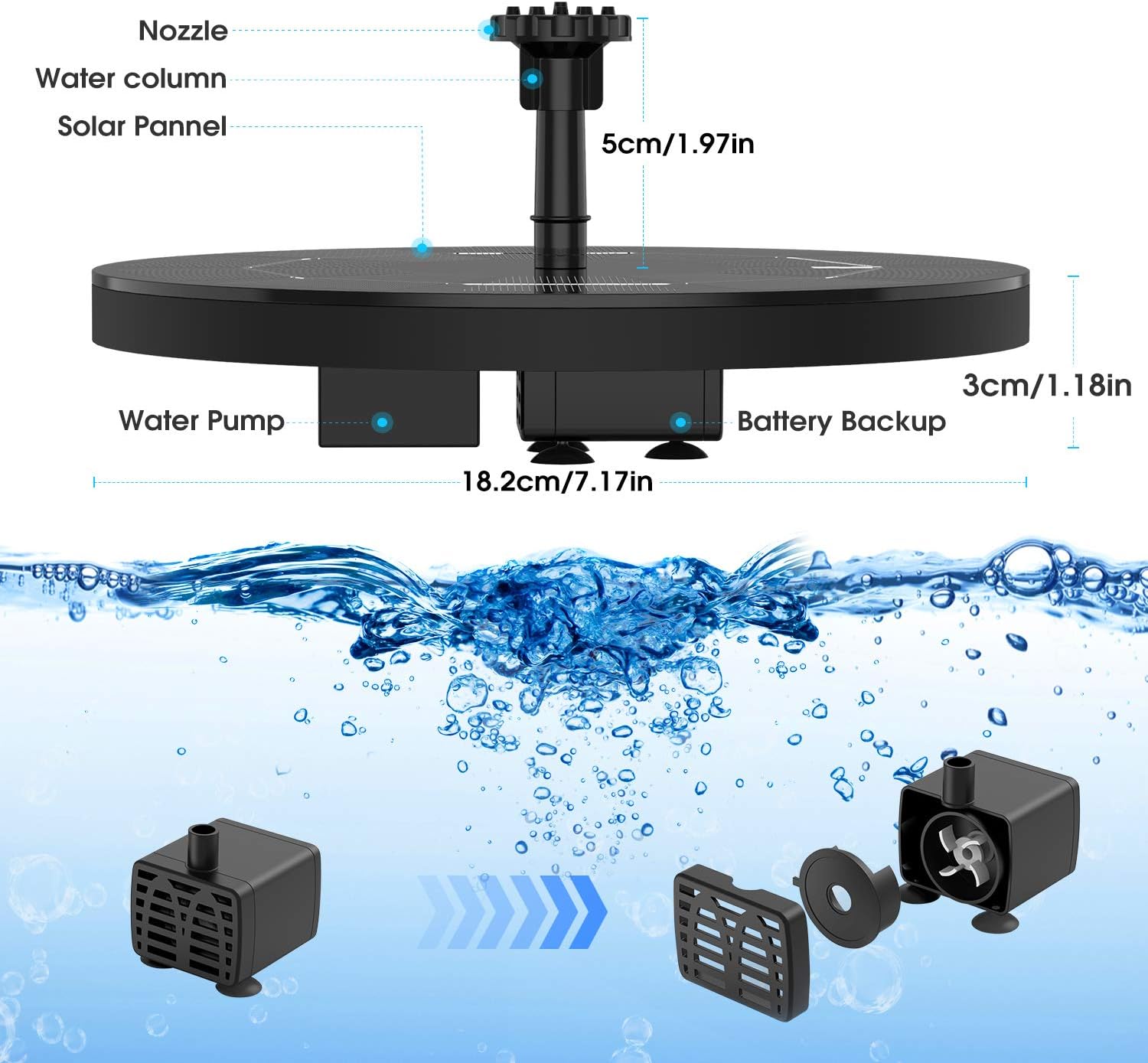 AISITIN Solar Springbrunnen 3.5W Solar Teichpumpe, Eingebaute 1500mAh Batterie, Solar Schwimmender Fontäne Pumpe mit 6 Fontänenstile für Garten