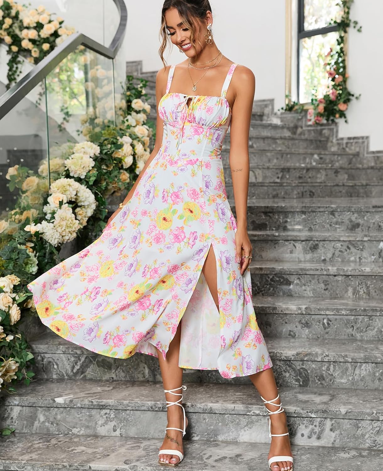 Floral Midi Corset Dress Boho Flowy Slit Lace Up Dresses for Women Going Out A Line Casual Sundress