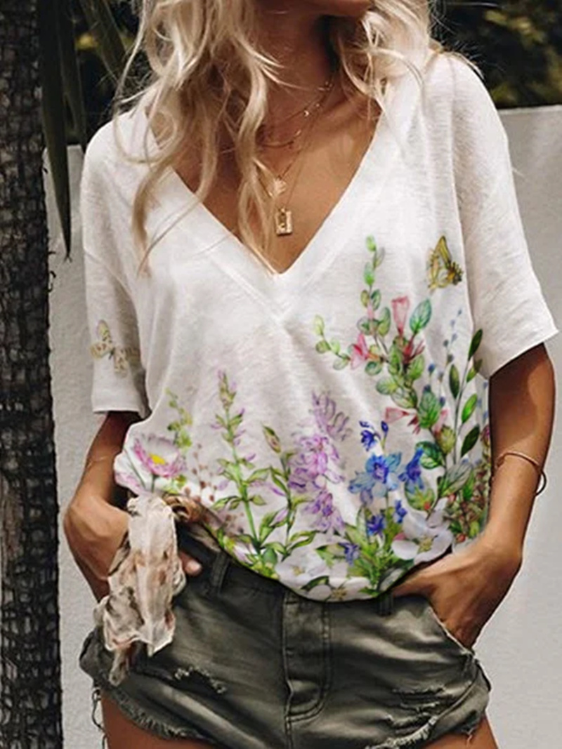 summer flower butterfly print casual loose V-neck short sleeved T-shirt woman