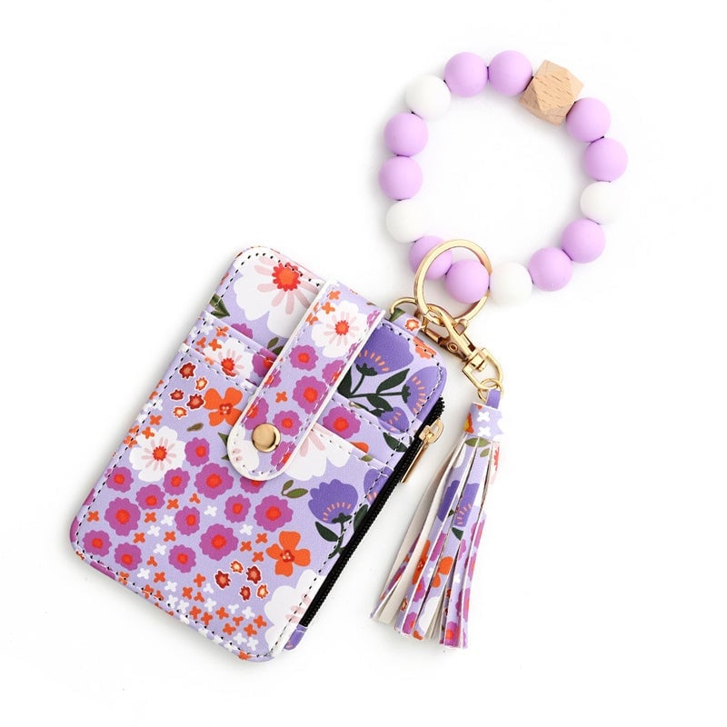 (🔥2024 Best Selling - 50% OFF) Floral leather small wallet with keychain and bracelet 🔥Buy More Save More!!!