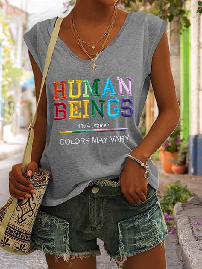 V Neck Retro Human Beings 100% Organic Colors May Vary Human Rights Equality Pride Print Tank Tops